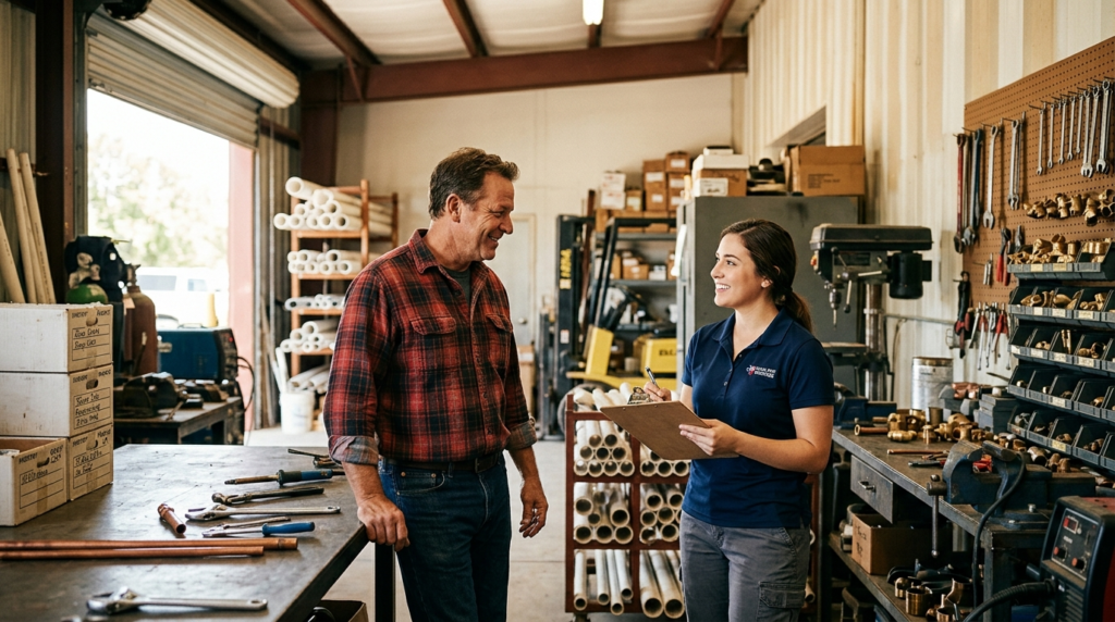 Small business owner discussing voluntary benefits retention with employee