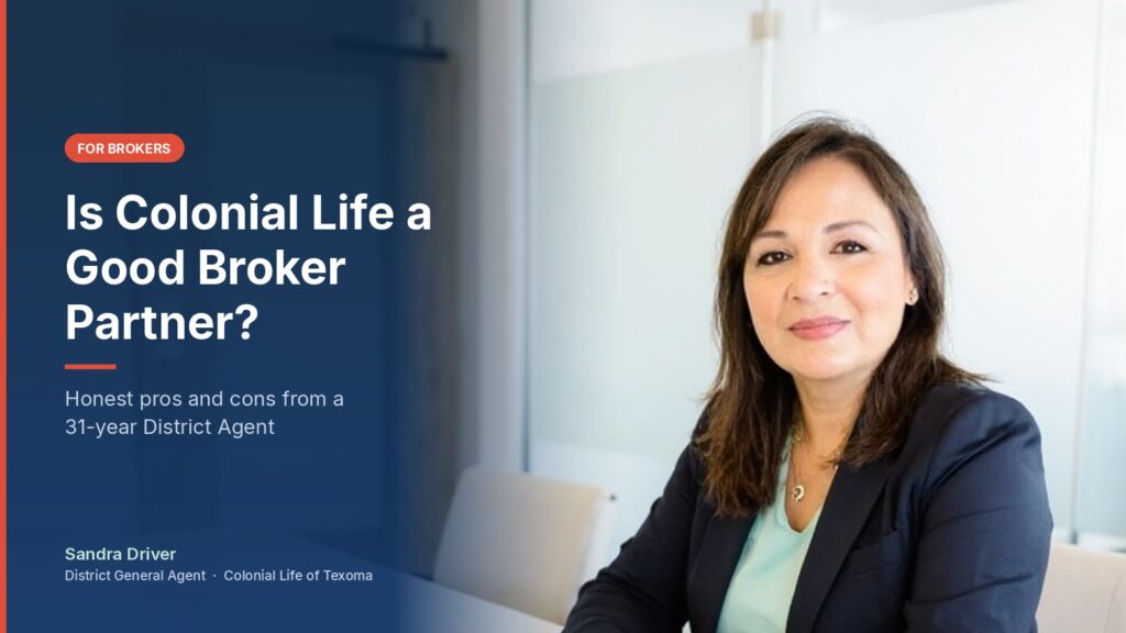 Colonial Life broker partner Sandra Driver, District General Agent, seated in a conference room beside the headline Is Colonial Life a Good Broker Partner?